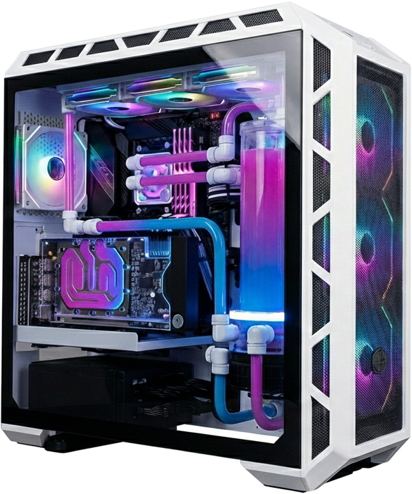 Wassergekühlter PC Leistungsstarker wassergekühlter Gaming-PC mit RGB-Beleuchtung, High-End-Grafikkarte, schneller SSD, effizientem Kühlsystem und optimiertem Gehäusedesign für intensive Spiele und kreative Anwendungen